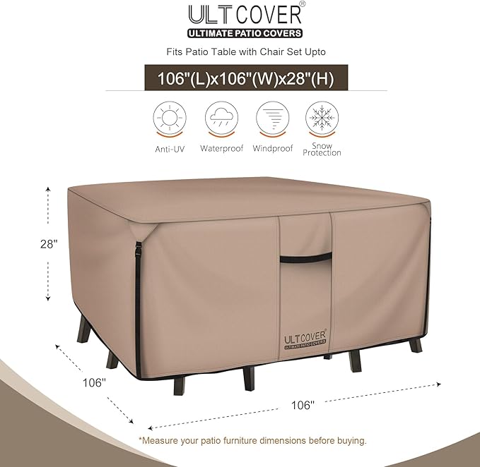 ULTCOVER Square Patio Heavy Duty Table Cover - 600D Tough Canvas Waterproof Outdoor Dining Table and Chairs General Purpose Furniture Cover Size 106 inch