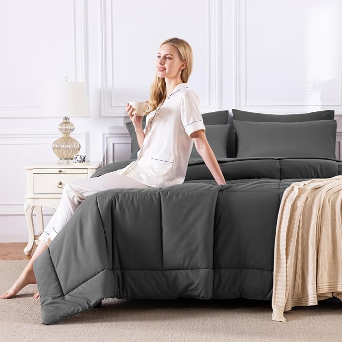 CozyLux Queen Comforter Set Dark Grey, 7 Pieces Bed in a Bag, Dark Gray Comforter Queen Size, All Season Bedding Sets with Stitch Quilted Comforter, Flat Sheet, Fitted Sheet, Pillowcases