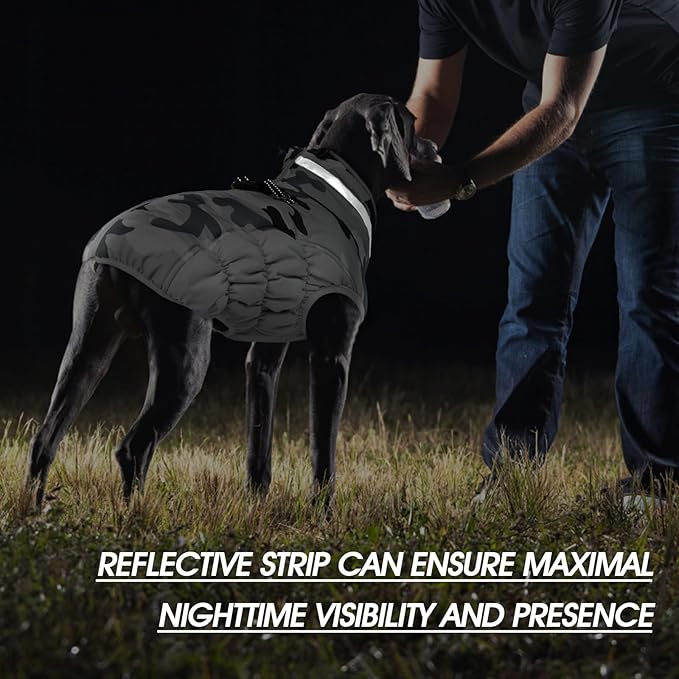 FUAMEY Dog Coat for Medium Dogs,Waterproof Dog Winter Jacket with Harness Built in Puppy Cold Weather Coats Reflective Pet Vest with Zipper Warm Fleece Dogs Snowsuit Windproof Grey Camo M