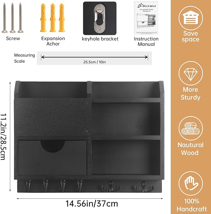 Key Holder Wall Mount, 14.5x11.2x3.5'' Larger 3-Tier Shelf 8 Hooks Drawer Storage,Wooden Key and Mail Holder for Wall,Farmhouse,Home,Living Room,House,Office Decor,Hats,Bag,Dog Leash Hanger Organizer