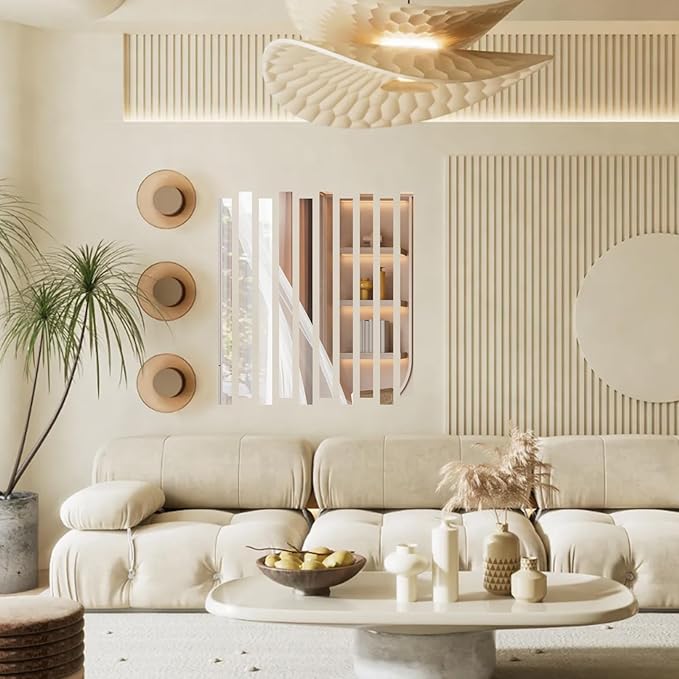 10Pcs DIY Striped Mirror Stickers 1.18" Wide Self Adhesive Removable Long Acrylic Frameless Mirror Sheets for Home Living Room Bedroom DIY Decor (Silver)