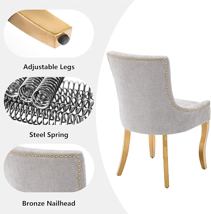 Luxury Fabirc Upholstered Dining Chairs Set of 6,Neutral Chenille Kitchen Room Chair with Nailhead Trim,6 Piece Modern Side Chairs for Dining Room,Living Room,Bar (Beige-Gold, Set of 6)