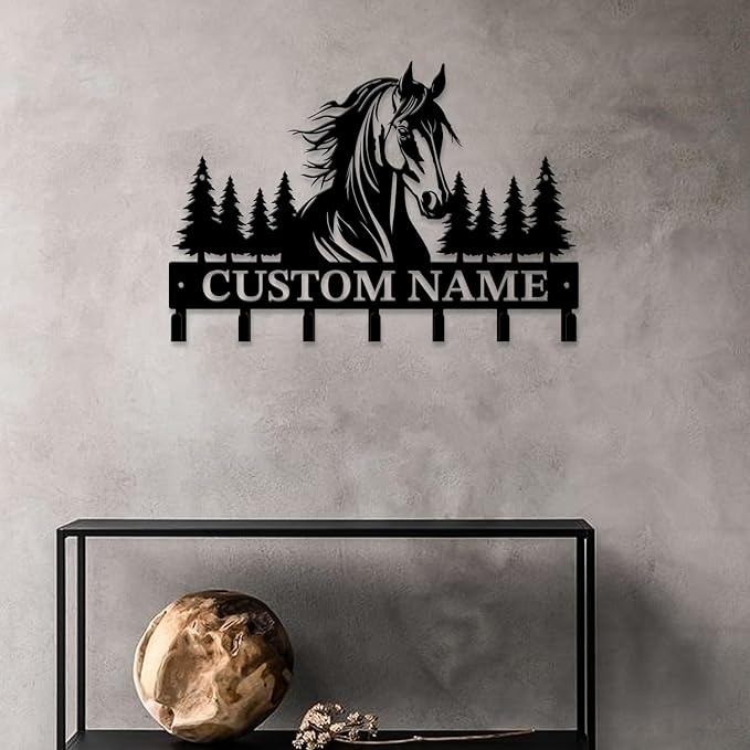 Personalized Custom Name Farm Horse Wall Key Hooks,Metal Horse Art Clothes Hooks,Metal Horse Wall Home Storage Decorative,For Front Door, Hallway, Kitchen, Bedroom,Keys,Hats (Style B)
