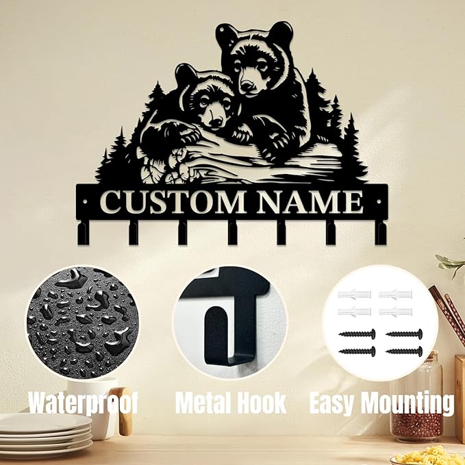 Personalized Custom Name Bear Key Wall Hooks,Metal Bear Keys Clothes Hooks,Metal Bear Wall Home Storage Decorative,For Front Door, Hallway, Kitchen, Bedroom,Keys,Hats (Style K)