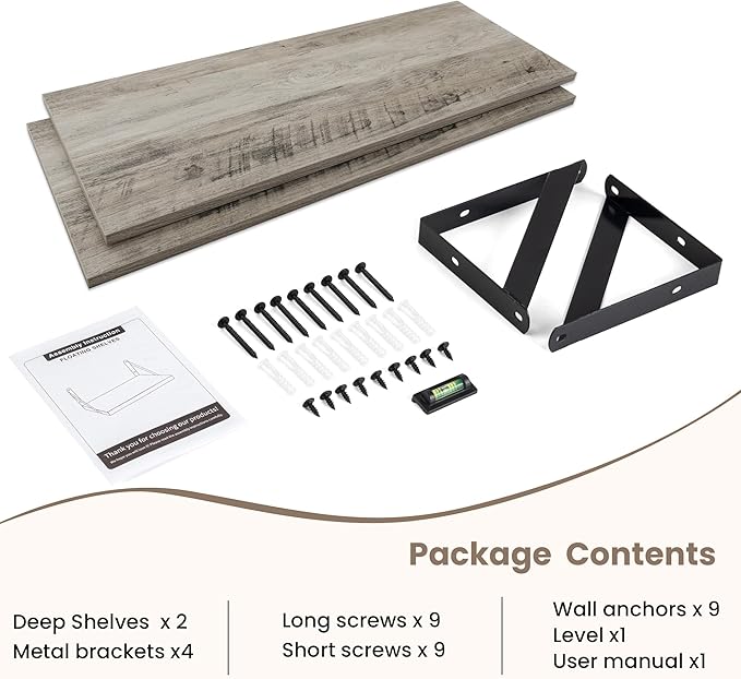 Dreamland Deep Floating Shelves for Wall, 30W x 8D Wall Shelves, Set of 2, 30 inch Floating Shelf with Sturdy Metal Brackets for Living Room, Bathroom, Bedroom and Kitchen, Grey