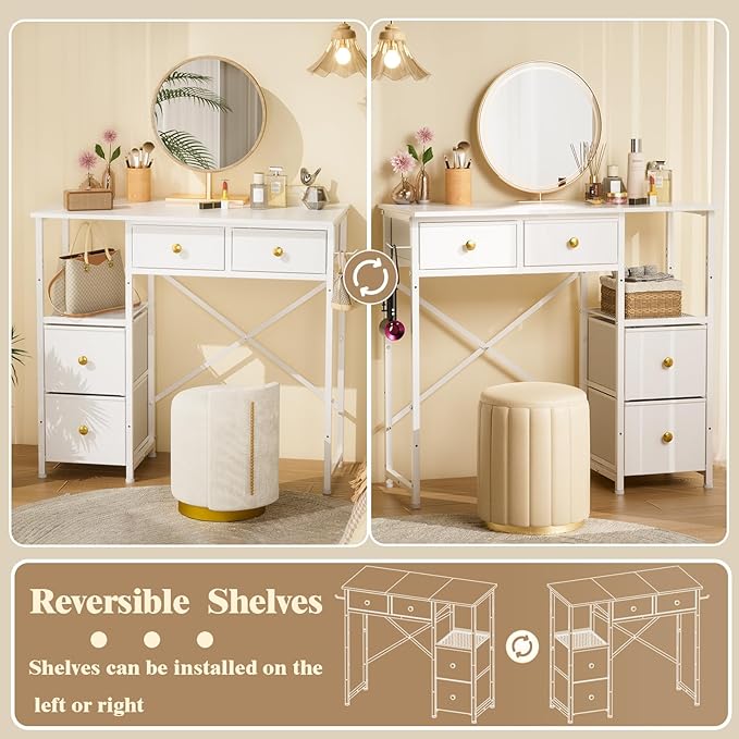 White Vanity Desk Without Mirror, Small Makeup Desk with 4 Fabric Drawers, 33.5 Inches Dressing Table with Storage, Vanity Table for Bedroom with Hook, White