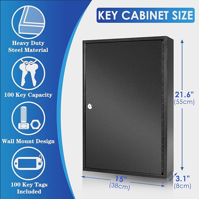 ORIENTOOLS Key Box 100 Position Steel Key Safe Cabinet, Wall Mount Key Holder Lock Box with Key Tags, Key Organizer Ideal for Home, Hotels, Valets and Office Key Storage, Black