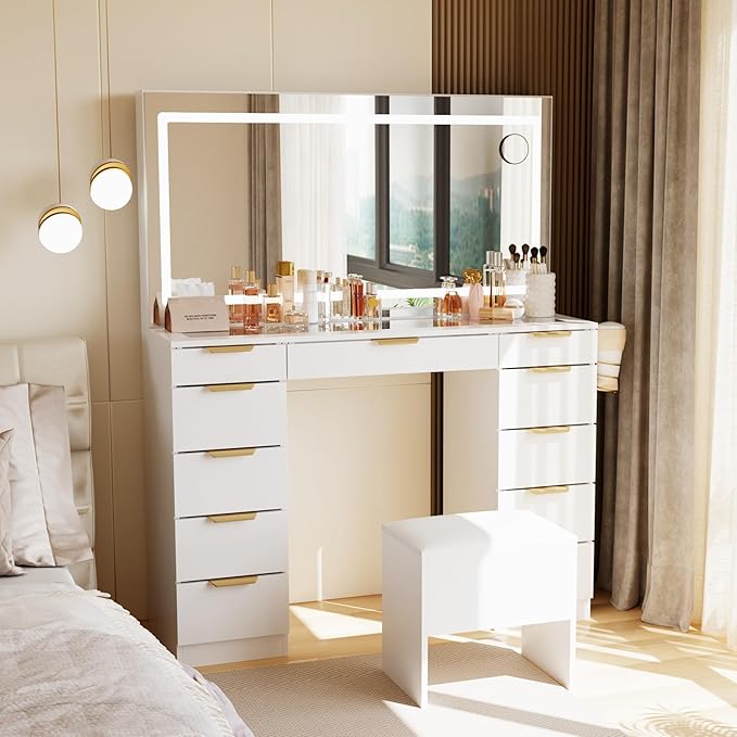 Pamapic 11 Drawers Makeup Vanity with Mirror and Chair, Glass Top Vanity Desk with Power Outlet, 3 Lighting Modes Dressing Table with Golden Handles, Silent Slides and Portable Mirror, White