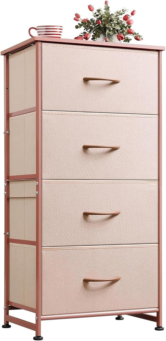 WLIVE 4 Drawers Dresser for Bedroom, Pink Rose Gold Fabric Clothes Storage Organizer Unit, Dresser for Hallway, Entryway, Closets, Sturdy Steel Frame, Wood Top
