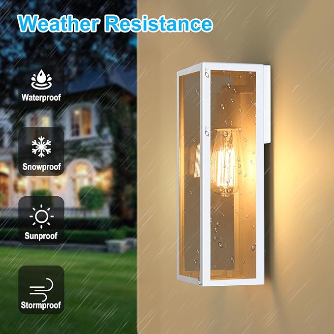 2-Pack Outdoor Wall Lanterns, Exterior Waterproof Wall Sconce with Glass Shades, White Porch Lights Mounted, Anti-Rust E26 Modern Lighting Fixtures for Patio Garage Entryway Front Door