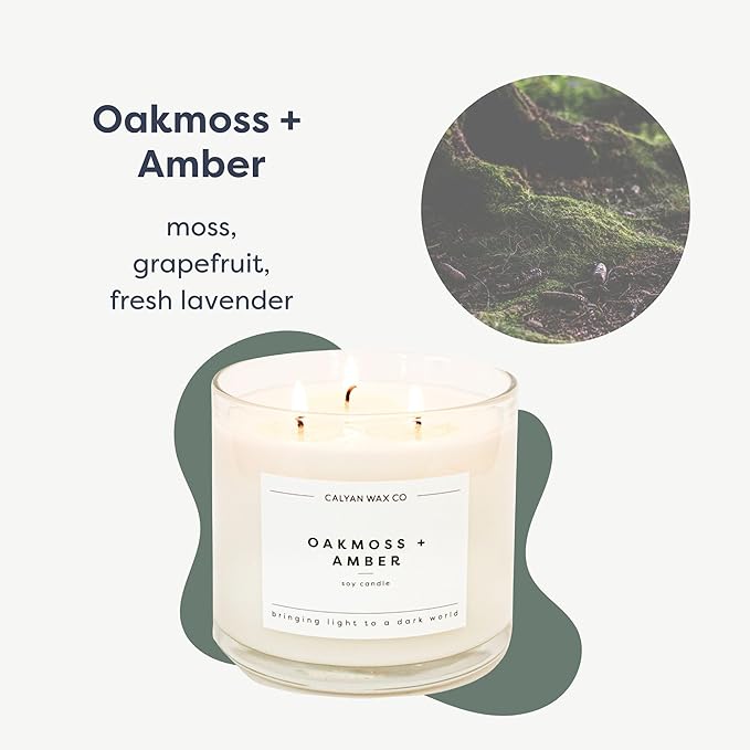 Calyan Wax Co. Oakmoss & Amber 3 Wick Scented Candle - 43 Hour Burn - Luxury 3 Wick Soy Candles - Non Toxic Soy Wax Candles - Long Lasting Large Glass Jar Candle for Home - 14.9oz