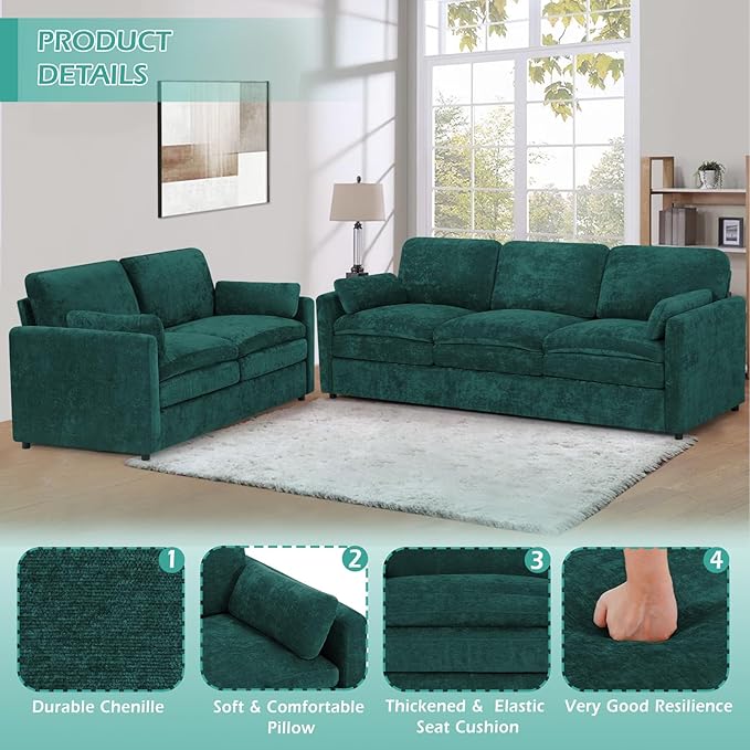 2 Pieces Chenille Sofa Set w/Arm Pillows, Upholstered Loveseat & 3 Seater Sofa w/Comfortable Back Cushions, Modern 2-Seat & 3-Seat w/High-Density Foam for Living Room, Apartment, Teal