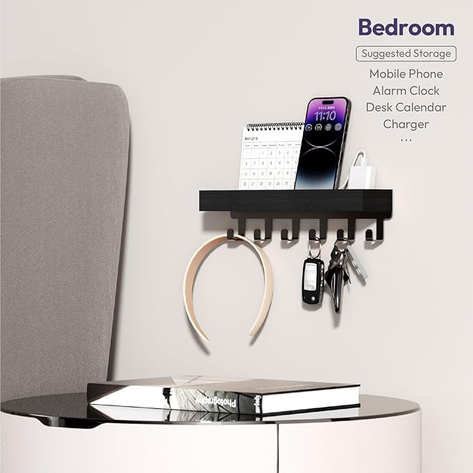 SWTYMIKI Key Holder Wall Mount - Wooden Key Hooks for Wall with Mail Organizer & 6 Hooks, 2 Installation Ways Key Hanger, Key Rack with Shelf for Entryway Living Room Bedroom Office Home Decor Black