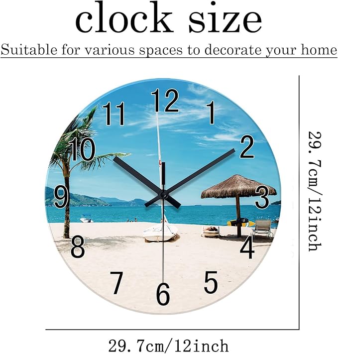 XFM Summer Beach Wall Clock 12 Inch Silent Non-Ticking Battery Operated Glass Clocks Tropical Hawaii Coastal Wall Clock for Living Room Bedroom Home Office Decor