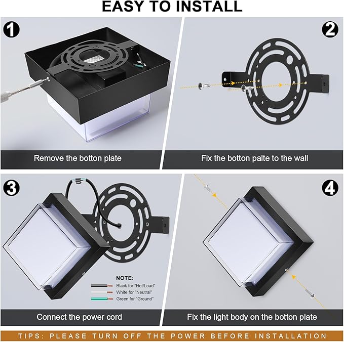 Exterior Wall Lights, Modern Waterproof Outdoor Ceiling Wall Mount Lighting, Black Square Small Led Porch Light with Anti-Rust 6000K Daylight 12W for Garage, Entryway,House