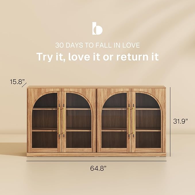 BELLEZE 65" Arched Sideboard with Glass Door, Accent Buffet Cabinet with Storage and Adjustable Shelves, Classic Modern Large Console Table for Dining Room Living Room Entryway (Camel)