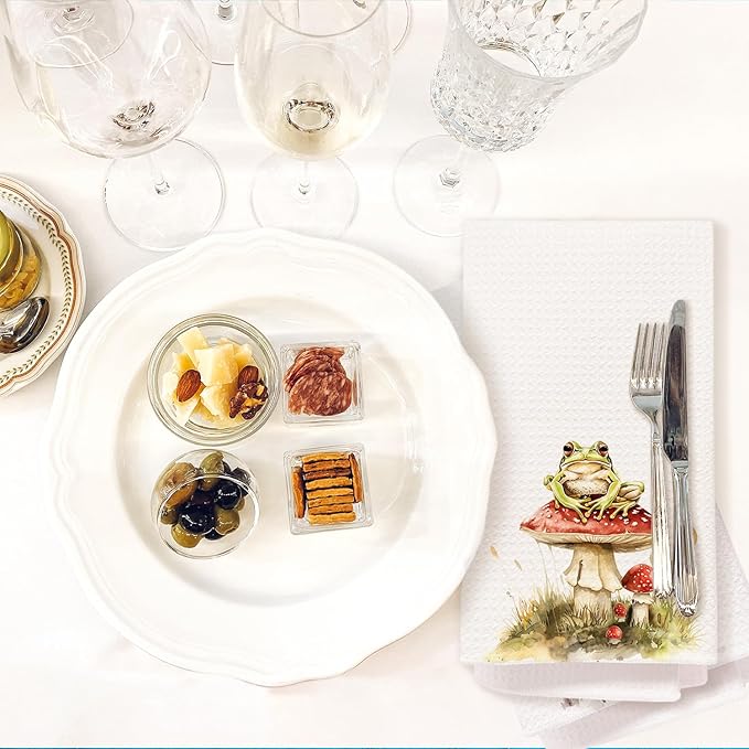 Frog Mushroom Bathroom Decor Hand Towels, Farmhouse Cottagecore Dish Tea Towels, Frog Gifts for Women, Rustic Botanical Red Mushroom Hand Towel for Bathroom Kitchen, 16x24 Inch Set of 2