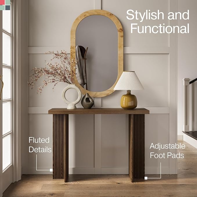 Fluted Console Table - Slim Entryway Table for Narrow Hallways - Natural Wood Console with Curved Cross Base & Mid-Century Modern Style - Walnut