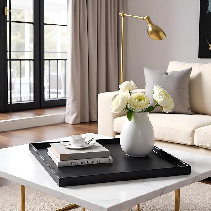 30 * 30 inches Luxury Leather Square Oversized Service Tray, Ottoman & Coffee Tray for Family Dinner, Out-of-House Picnic & Party (30 inch Black)