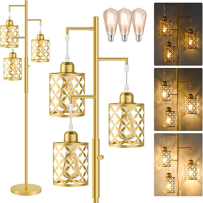 68" Dimmable Floor Lamp, Modern Standing Lamp with Elegant Metal Cage, Industrial Tall Tree Floor Lamps for Living Room, Bedroom, Study Room, Office (2000LM LED Bulbs Included) - Gold