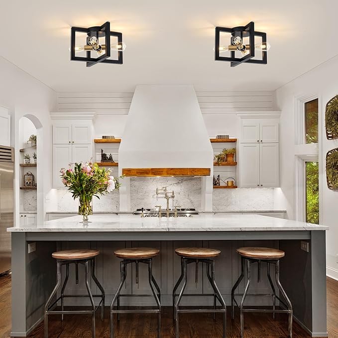 Modern Black and Brushed Gold Semi Flush Mount Ceiling Light, 4-Light Industrial Geometric Light Fixture, Ceiling Lights for Hallway Entryway Laundry Kitchen Dining Room Bedroom Lighting, UL Listed