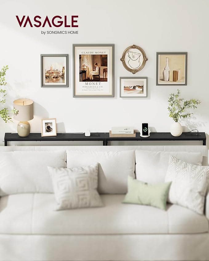 VASAGLE Set of 2 Console Tables with Power Outlets, Slim Behind Couch Sofa Tables, 5.9 x 39.4 x 31.5 Inches, 2 Hooks, Easy Assembly, for Entryway, Living Room, Ebony Black and Ink Black ULNT078B01