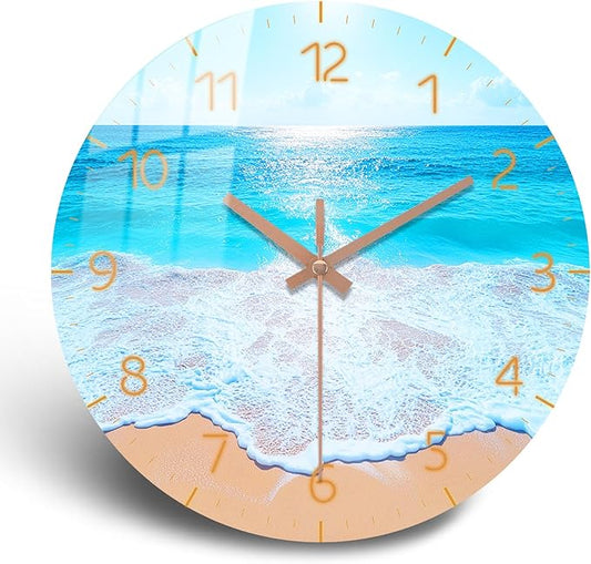 Large Coast Wall Clock 16 inch Modern Beach Wall Clock Wooden Silent Analog Clock for Office, Living Room Decor Battery Operated