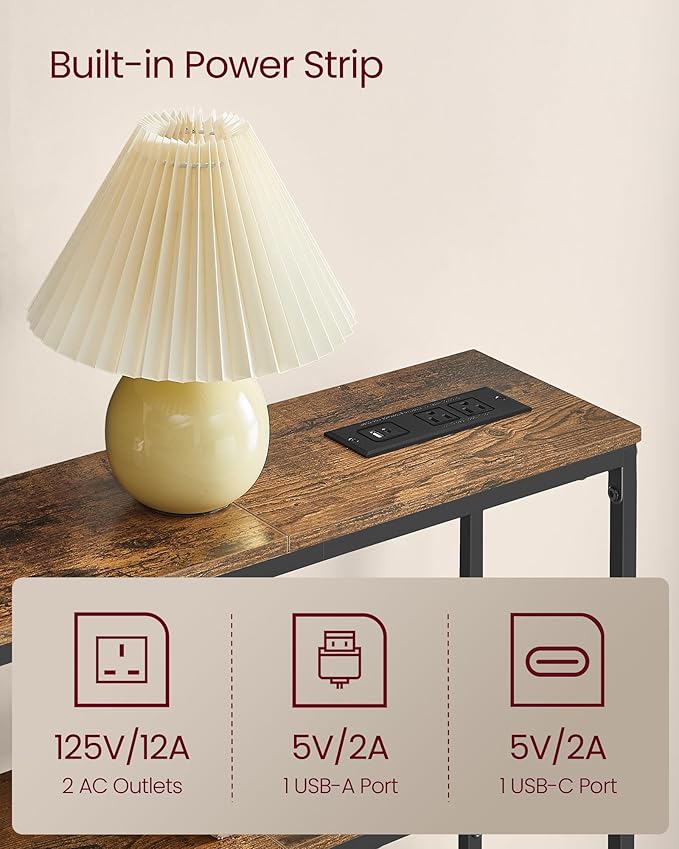 VASAGLE Console Table with Power Outlet, 2-Tier Narrow Sofa Table with 2 Shelves, 7.9 x 39.4 x 31.5 Inches, for Living Room, Hallway, Entryway, Rustic Brown and Ink Black ULNT136K01