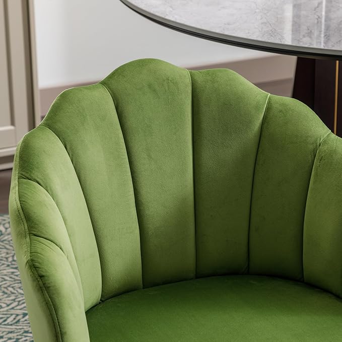 Velvet Dining Chairs Set of 4 Modern Living Room Chairs with Petal Back & Wood Legs Comfy Upholstered Side Chair for Dining Room/Bedroom/Vanity, Olive