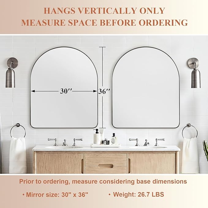 ANDY STAR Arched Mirror, 30 x 36 Inch Brushed Nickel Wall Mirror in Stainless Steel Metal Frame, Arch Top Rounded Corner 1 Inch Deep Set Design Wall Mount Hangs Vertical