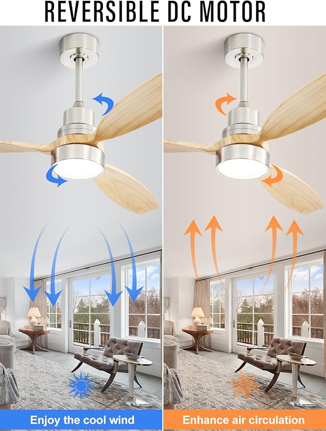 Sofucor Ceiling Fan with Lights, 52 Inch Low Profile Flush Mount Mordern Wood Ceiling Fan with Remote for Indoor Farmhouse Bedroom Living Room Outdoor Patio Porch, Reversible DC Motor, Noiseless