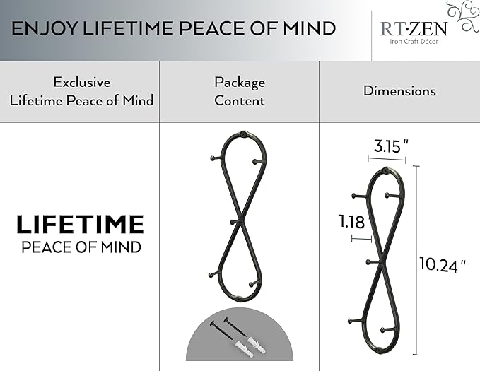 RTZEN Farmhouse Small Key Holder for Wall - Handcrafted Swirl Decorative 5 Key Hooks for Home Entryway - Wrought Iron Wall Mount Rack Purse Coat and Leash Holder or Organizer (Infinity Black)