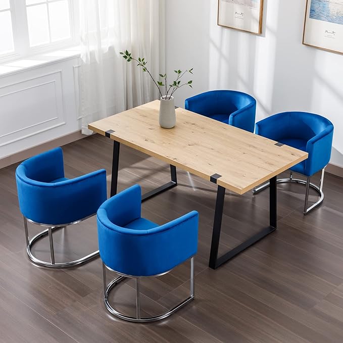 Velvet Dining Chairs Set of 8 Modern Barrel Arm Chairs with Chrome Metal Frame, Upholstered Kitchen Chairs 18.5" Wide Accent Chairs for Living Room Dining Room Restaurant, Blue