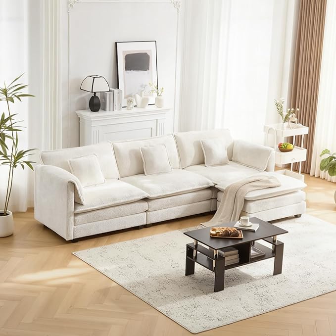 112" Modular Sectional Sofa with Movable Ottoman, L Shaped Couches for Living Room, 3 Seater Comfy Cloud Couch with Removable Cover, Armrest Pillow (Beige)