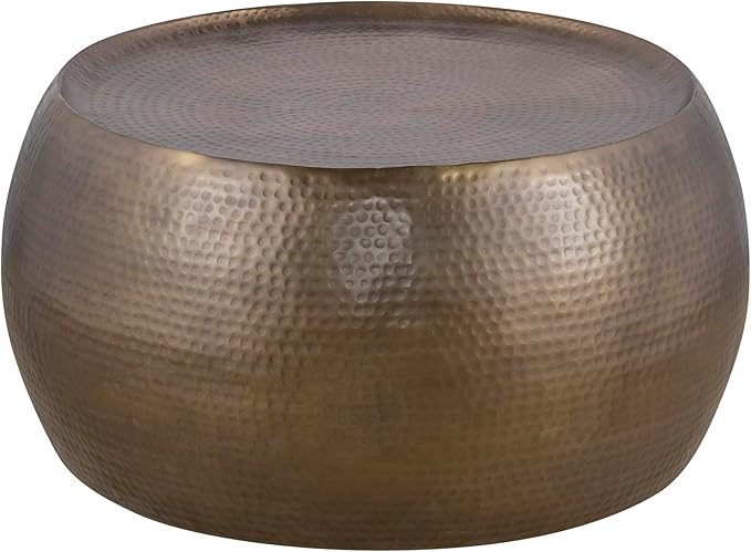 Modern Contemporary Round Aluminum Material 32" Coffee Table and 21" Height Table 2PC Table Set with Hand Hammered Design Antique Gold