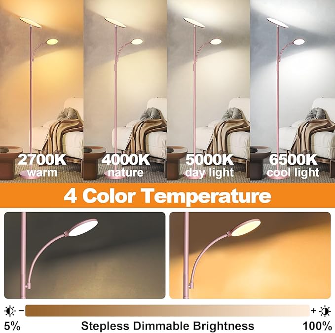 Pink Floor Lamps for Living Room, 44W/4500LM Super Bright 2 in 1 LED Floor Lamp with Remote, Stepless Dimmable, 69" Tall Standing Floor Lamp with Bendable Reading Light for Bedroom Office