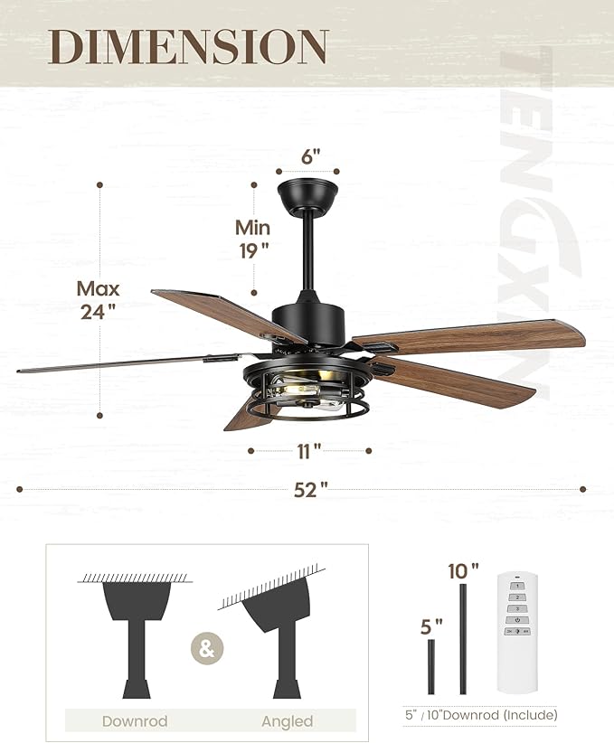 TENGXIN 52 Inch Farmhouse Ceiling Fan - Industrial Ceiling Fans with Light and Remote Control,Matte Black Ceiling Fan with 5 Reversible Blades,TXCF-BK001
