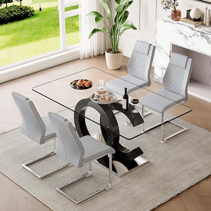 63'' Glass Dining Table Set for 4, Kitchen Table Chairs Set of 4, Clear Glass Dining Table with Black unique design Leg and Silver Metal Base, 4 PU Dining Chairs with Metal Legs, Living Room, Kitchen.