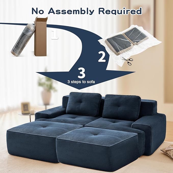 80" Modern Compressed Boneless Love Seat Couches with 2 Ottomans, 2 Seater Large Sectional Couches for Living Room, Blue Corduroy Cloud Modular Sectional Sofa, Memory Foam, Deep Loveseat, No Assembly