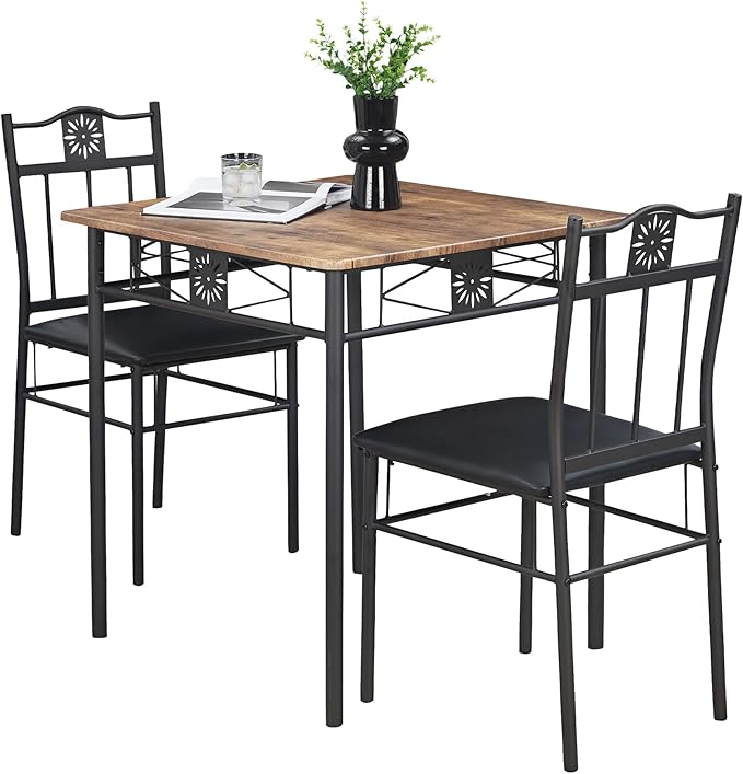 VECELO 3-Piece Small Kitchen Dining Table Set for 2, PU Padded Chairs, Retro Brown