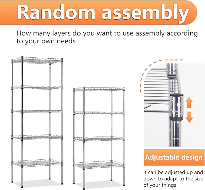 BestOffice | 5-Tier Wire Storage Shelves | 17x12x48 | Chrome | with Adjustable Racks | Heavy-Duty Metal Shelf, Holds Upto 750 lbs | No-Tool Assembly | Ideal for Home & Garage Shelving