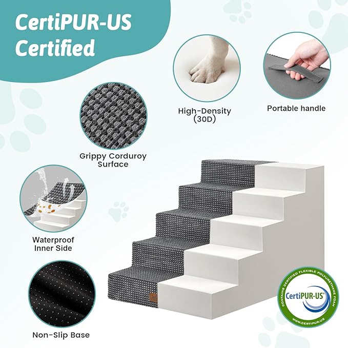 Slope Dog Stairs 17.7" H, Pet Steps for Couch Bed with Washable Cover, Non-Slip Foam Dog Ramp for Small Old Puppy Cats, 5 Step, Charcoal Grey