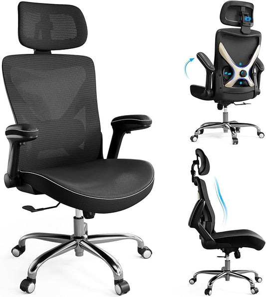Ergonomic Office Chair-Computer X-Shaped Chair Mesh PU Leather with Adjustable Lumbar Support-Executive Desk Chair High Back with Headrest Flip-Up Arms for Long Hours (Black-Silver)