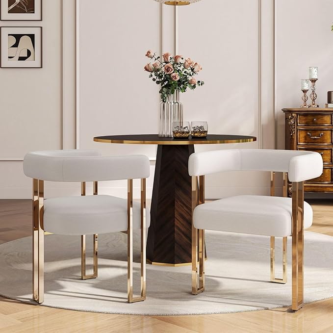 Beige and Gold Modern Dining Chairs Set of 2, Velvet Upholstered Barrel Armchairs with Metal Legs for Kitchen Island, Mid Century Accent Chairs for Dining Room Living Room, Open-Back