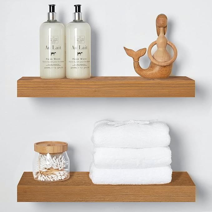 Homeforia 18 inch Golden Oak Floating Shelf, High End Solid Real Wood 18inch Small Floating Shelves for Wall Mounted, Oak Wooden 18in Floating Shelves, Heavy Duty Bracket, 18 X 6.5 X 1.75 in, Set of 4