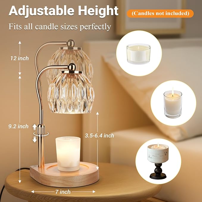 Candle Warmer Lamp with Timer Dimmer Adjustable Height, Gift for Women Mom, House Warming New Home Cozy Decor, Wax Melt Warmer for Jar Candles with 2 Bulbs