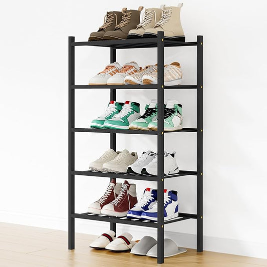 Smiry Shoe Rack, 5 Tier Small Bamboo Shoe Organizer, Stackable Free Standing Wooden Shoe Storage Shelf for Closet, Entryway, Front Door Entrance, Black