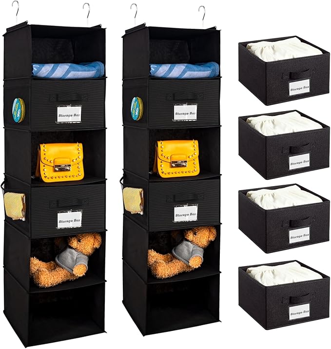 2 Pack 6 Shelves Hanging Closet Organizer with 2 Drawer, Hanging Storage with 4 Side Pockets for Clothes Shoes, 43.5"x12"x12"(Black)