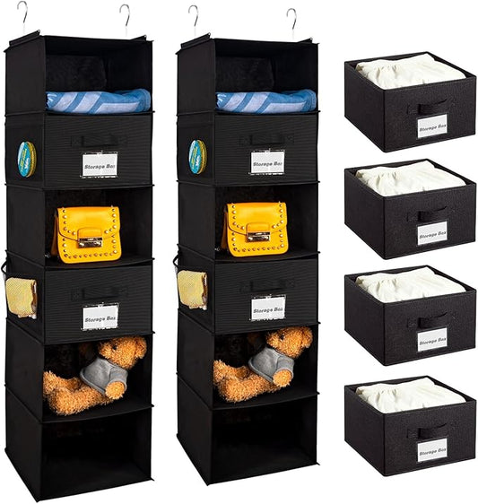 2 Pack 6 Shelves Hanging Closet Organizer with 2 Drawer, Hanging Storage with 4 Side Pockets for Clothes Shoes, 43.5"x12"x12"(Black)