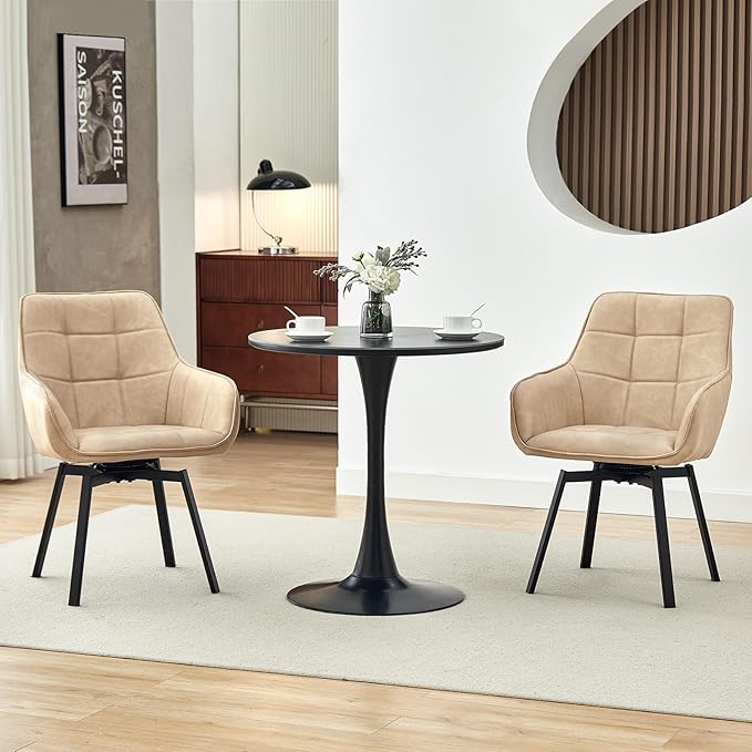 TUKAILAi Swivel Dining Chairs Set of 2, Faux Leather Upholstered Mid Century Accent Chairs with Metal Legs, Rotatable Kitchen Chair for Home Kitchen Restaurant (Cream)